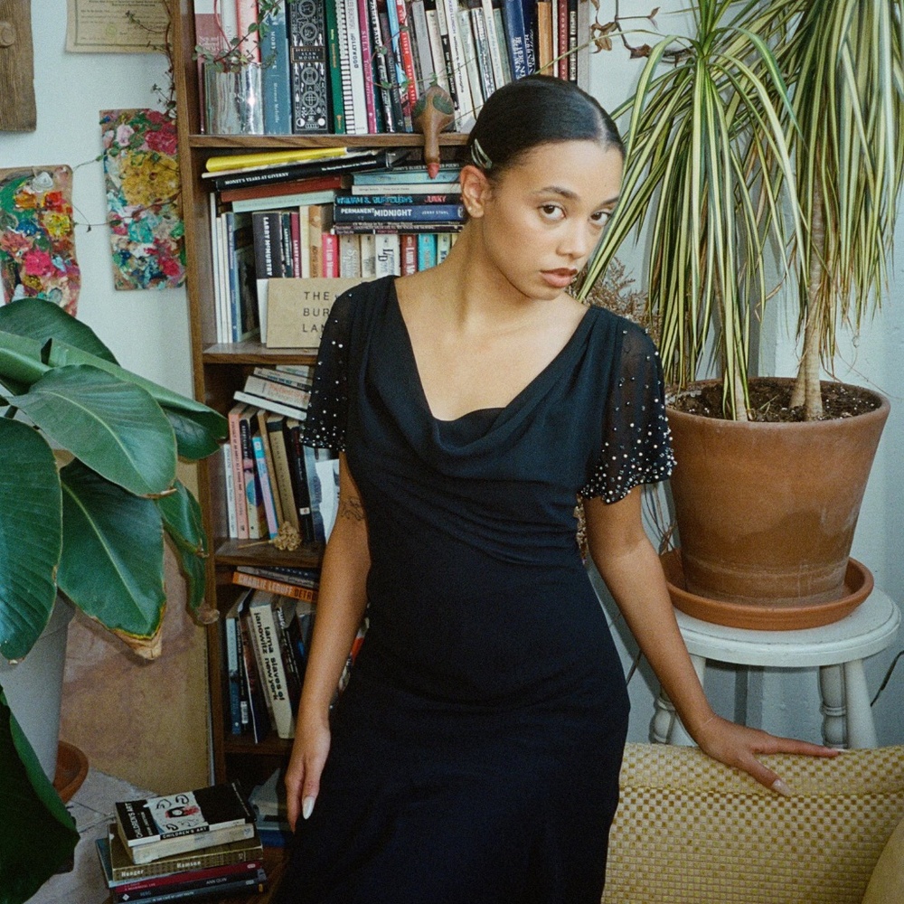 Vintage Cow Neck Beaded Black Dress